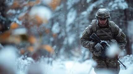 Fototapeta premium Soldier in winter camouflage walking through snowy forest, wearing tactical gear. military exercise