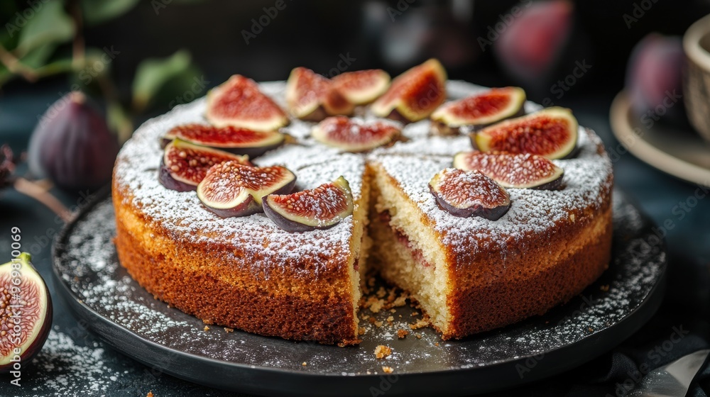 Wall mural delicious fig and almond cake topped with powdered sugar, ideal for tea time a delightful dessert concept