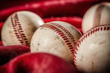 Close-up of an old, worn-out baseball with leather seams and red stitching, highlighting the texture and character of a well-used ball.. Beautiful simple AI generated image