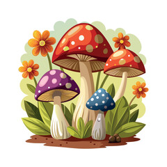 a colorful drawing of a mushroom with flowers Clipart isolated vector illustration