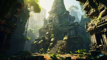 Obraz premium Discover an ancient jungle temple ruin, enveloped by lush greenery, bathed in sunlight, creating a mystical aura.