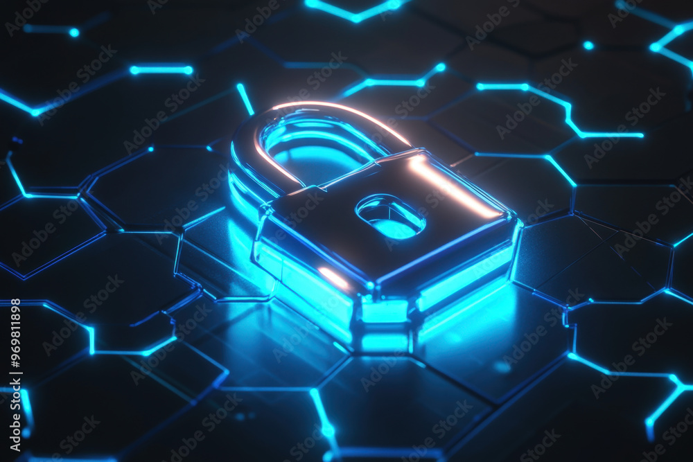 Poster glowing padlock sitting on top of a circuit board is protecting sensitive data