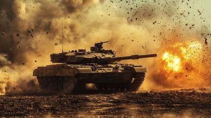 Tank in Battle with Explosion and Smoke, Generative AI