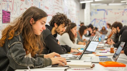 It specialists collaborating at a hackathon  teamwork, laptops, and complex diagrams in action