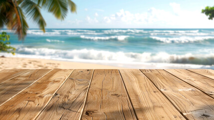 Fototapeta premium Serene tropical beach scene featuring turquoise waves crashing onto sandy shore, observed from sunlit wooden deck. palm trees arch gracefully over picturesque coastal horizon.