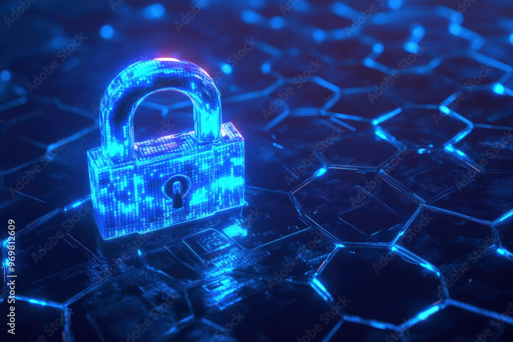 Poster digital padlock is glowing on top of a circuit board with a hexagonal pattern, suggesting cybersecur
