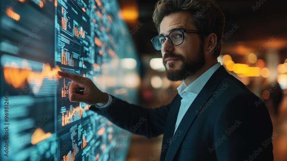 Poster businessman analyzing data on a large interactive screen