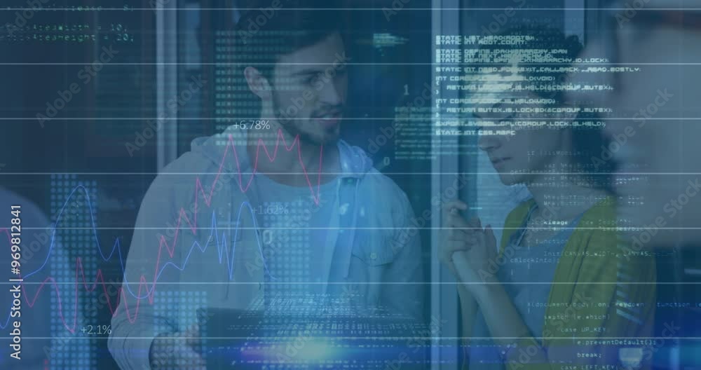 Poster financial data and coding animation over business people discussing in office