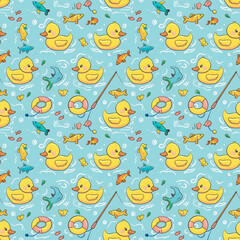 Children's seamless pattern with a duck, fish and fishing rod in cartoon style. Texture for nursery fabrics, wrapping.