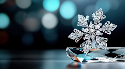   A snowflake made of crystal rests atop a black-and-white checkered tablecloth