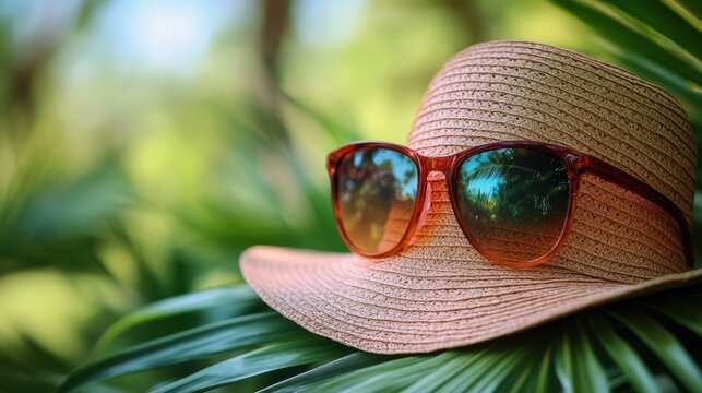 Close-up of chic summer accessories like sunglasses and hats