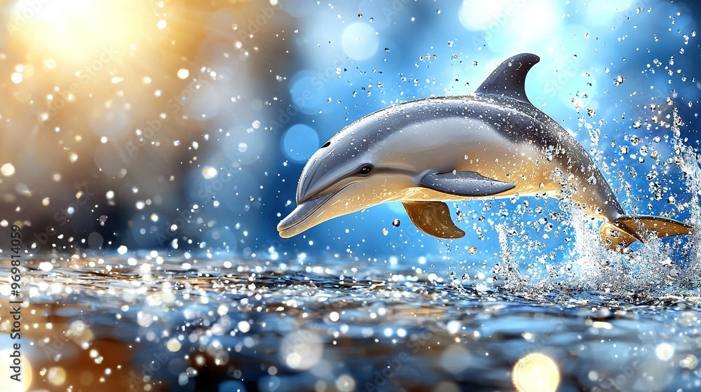 Poster a dolphin leaps from the water with its mouth wide open and head raised high