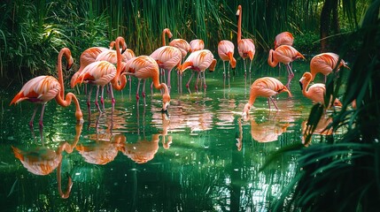 Naklejka premium Pink flamingos in a waterway surrounded by verdant foliage and swaying palms