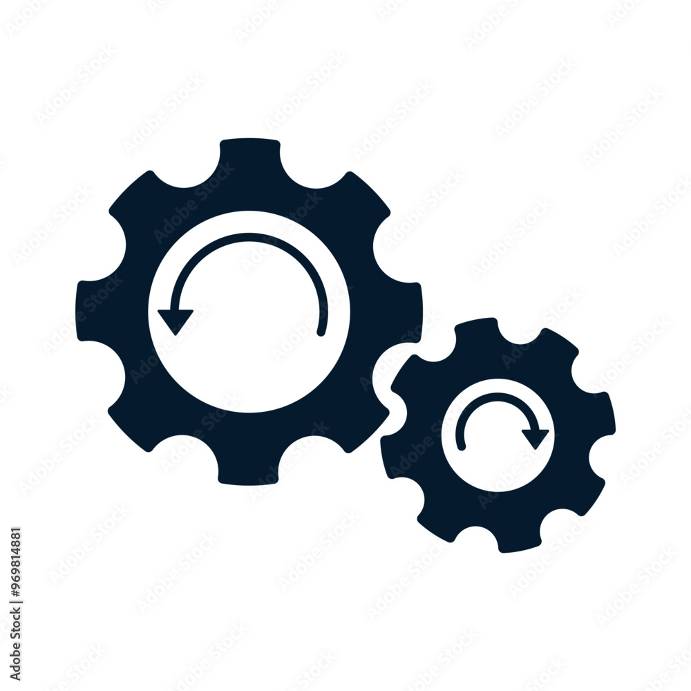 Poster rotating gears. work process concept. vector linear icon isolated on white background.
