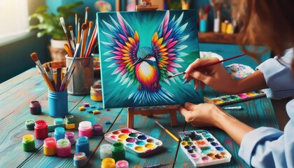 Fototapeta premium A vibrant painting of a colorful bird being created in an artistic workspace.