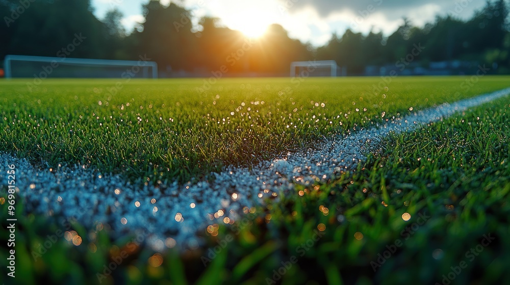 Sticker Close-up of a Soccer Field with Dew and a Blurry Sunset in the Background