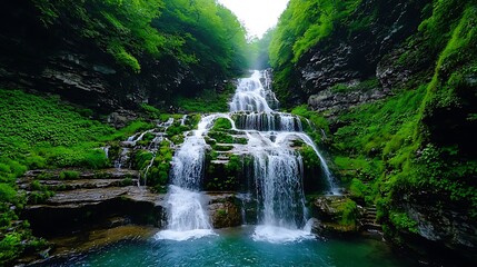 A lush green waterfall cascades down rocky cliffs, nature�s beauty in full display.