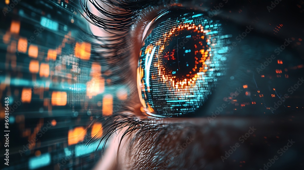Poster a human eye, filled with binary code, bridges the gap between the physical and digital worlds.