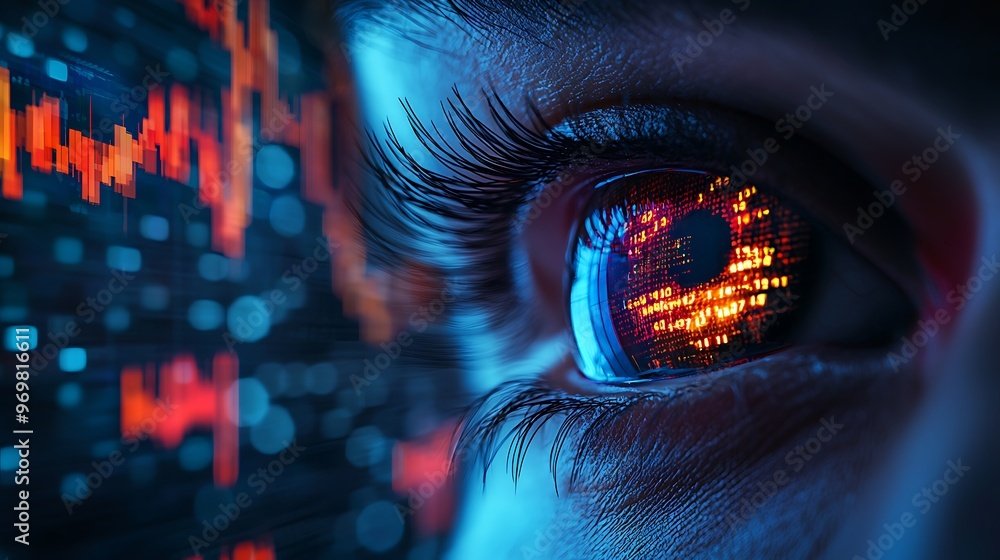 Poster a digital eye, filled with binary code, stares into a world of infinite possibilities.