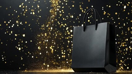 Stylish black shopping bag stands over dark backdrop with shimmering golden lights and falling confetti, creating festive Black Friday atmosphere