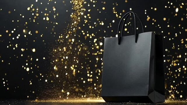 Stylish black shopping bag stands over dark backdrop with shimmering golden lights and falling confetti, creating festive Black Friday atmosphere