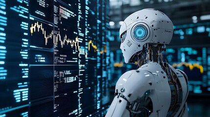 Fototapeta premium An AI robot scrutinizes data on a large screen, its processing power evident in every calculation.