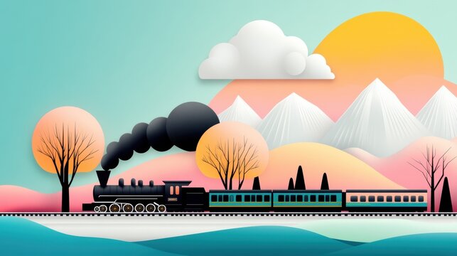 A vintage illustration of a steam train chugging across a rural landscape, capturing the romance of old fashioned travel.