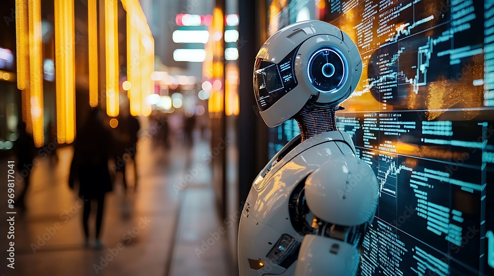 Poster a robot in an urban environment analyzes data displays, navigating the digital landscape.