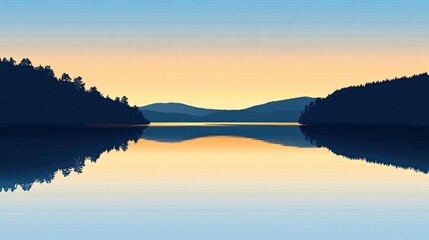Tranquil lakeside with still water reflecting a serene dawn sky flat design side view early morning theme water color Complementary Color Scheme