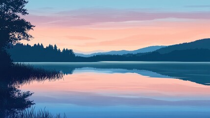 Fototapeta premium Tranquil lakeside with still water reflecting a serene dawn sky flat design side view early morning theme water color Complementary Color Scheme