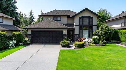A modern suburban home with a green lawn and driveway sits peacefully under a sunny sky.