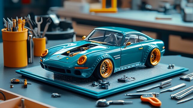 A blue sports car model kit, surrounded by tools, is ready to be carefully assembled.