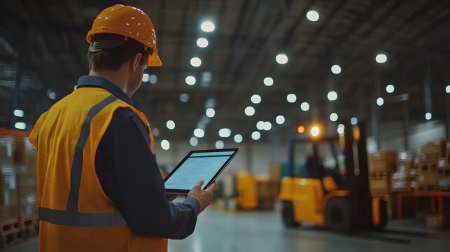 Supervisor Holding Tablet in Busy Warehouse
A large warehouse supervisor uses a tablet to check inventory while forklifts move in the background.