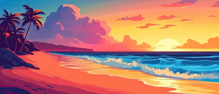 Quiet beach at sunset with waves gently crashing against the shore flat design side view vacation theme animation vivid Complementary Color Scheme