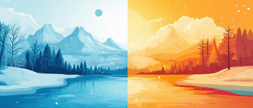 Summer to Winter flat design side view contrasting climates theme water color Complementary Color Scheme