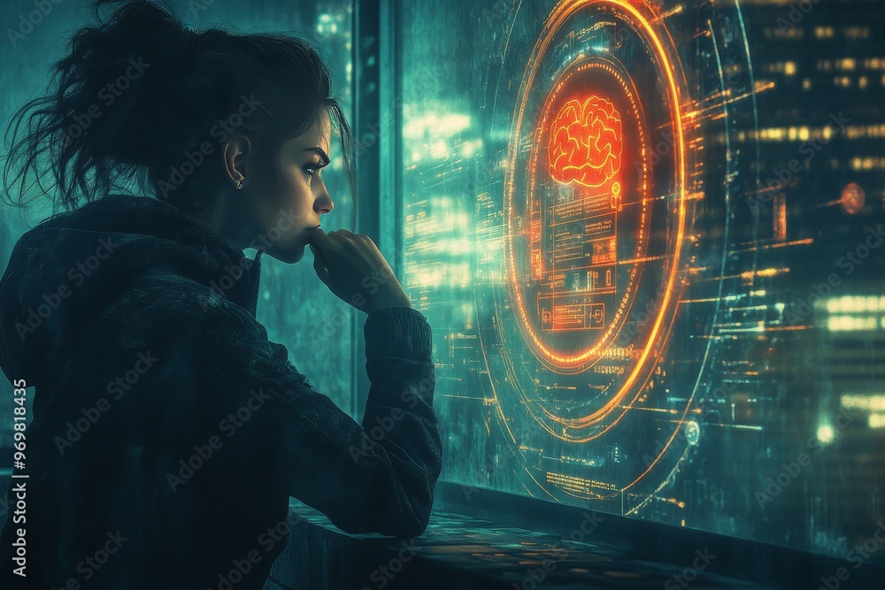Poster optogenetics brainwave optoelectronics neurogenesis and deep learning woman working with glowing bra