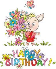 Happy birthday card with a happy little piglet holding a beautiful bouquet of colorful summer flowers and a small butterfly flying around, vector cartoon illustration on a white background