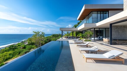 Fototapeta premium An elegant stock photo of a luxurious beachfront resort with infinity pools and sun loungers overlooking the ocean.