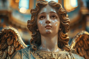 Obraz premium A detailed close-up of a magnificent angel sculpture adorned with intricate designs and golden accents, located in a historic cathedral