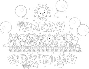 Happy birthday card with a small toy train, funny baby animals, sweets, holiday balloons and baby cubes with letters, black and white vector cartoon illustration for a coloring book
