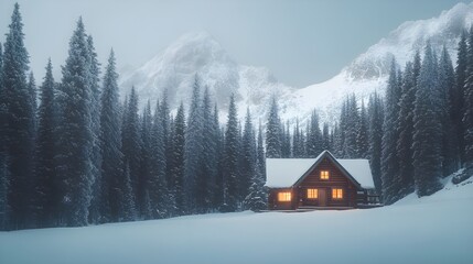 Naklejka premium A serene stock photo of a cozy cabin nestled in a remote mountain range, surrounded by tall pine trees and snow-covered peaks.