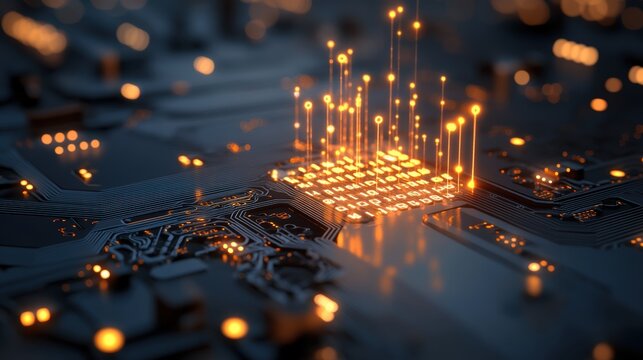 An abstract illustration of a digital circuit board with glowing binary code, showcasing the language of the digital world.