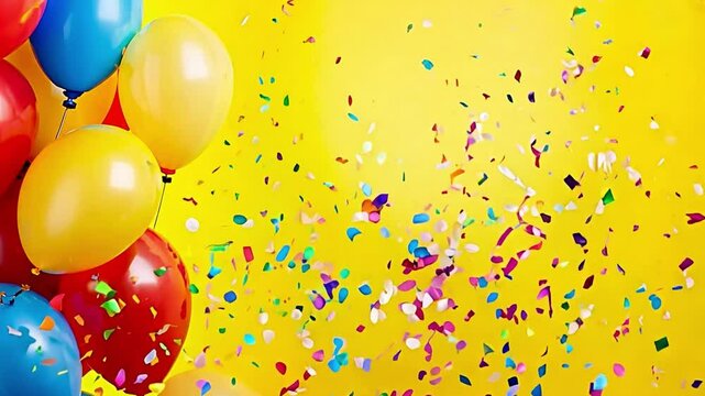 Colorful balloons and scattered confetti create a joyful atmosphere against a bright yellow backdrop, perfect for a celebration