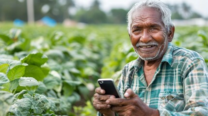 Indian farmer smiling while using smartphone in a field, embracing modern agriculture technology