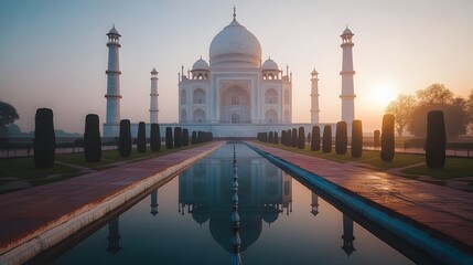 Fototapeta premium A magnificent stock photo of the Taj Mahal at sunrise, with its white marble facade reflecting the soft morning light.