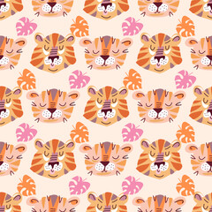 Obraz premium Cute hand drawn seamless pattern with cartoon tiger , bee and flower, herbs Hand drawn art background Vector illustration for kids