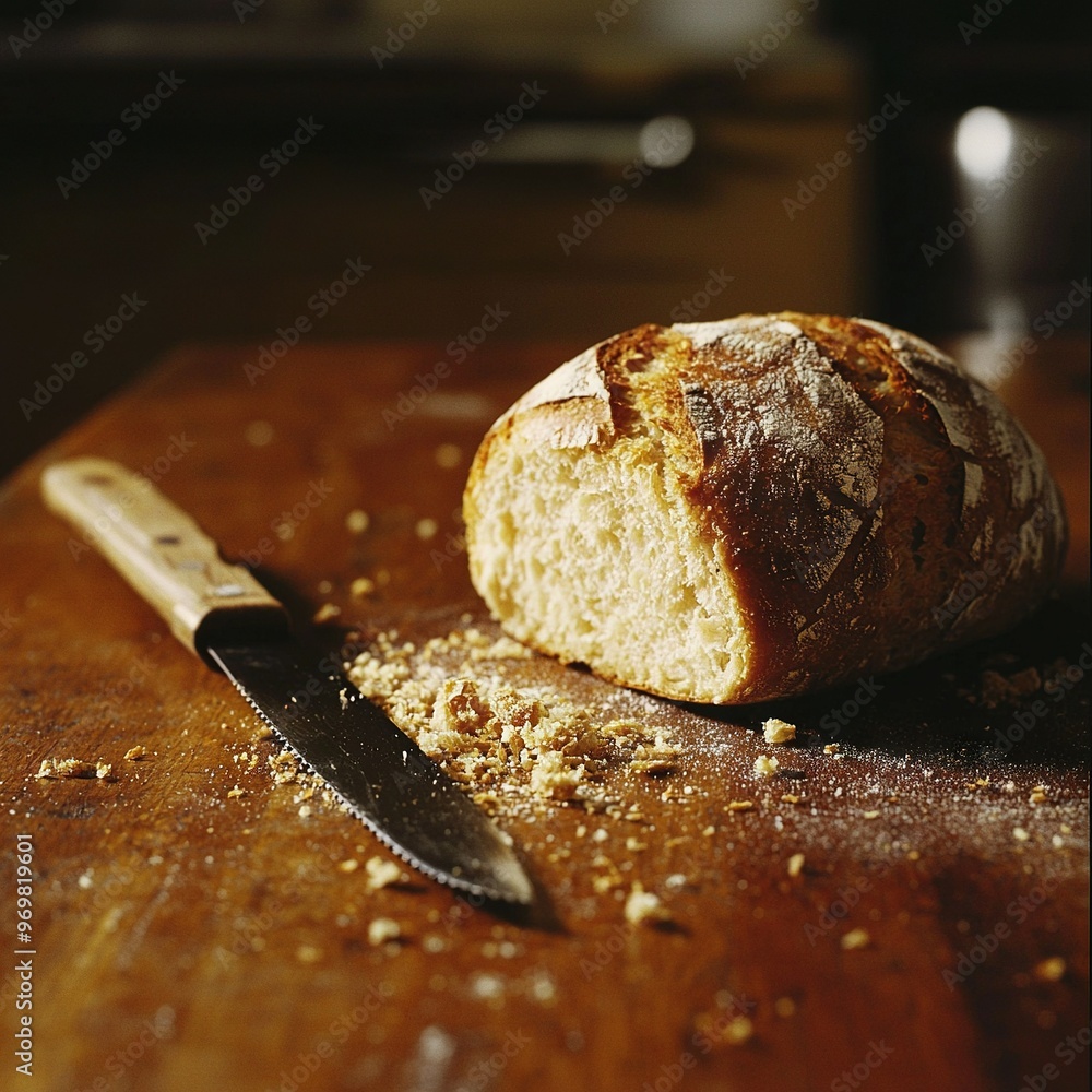 Wall mural   A loaf of bread sits on a wooden cutting board beside a knife on a table