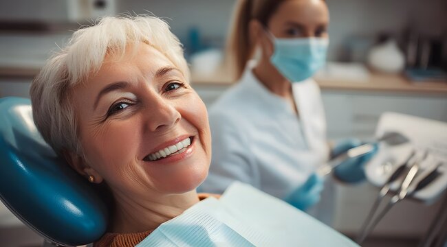 Close-up portrait of a senior woman with gray hair sitting on a dental chair