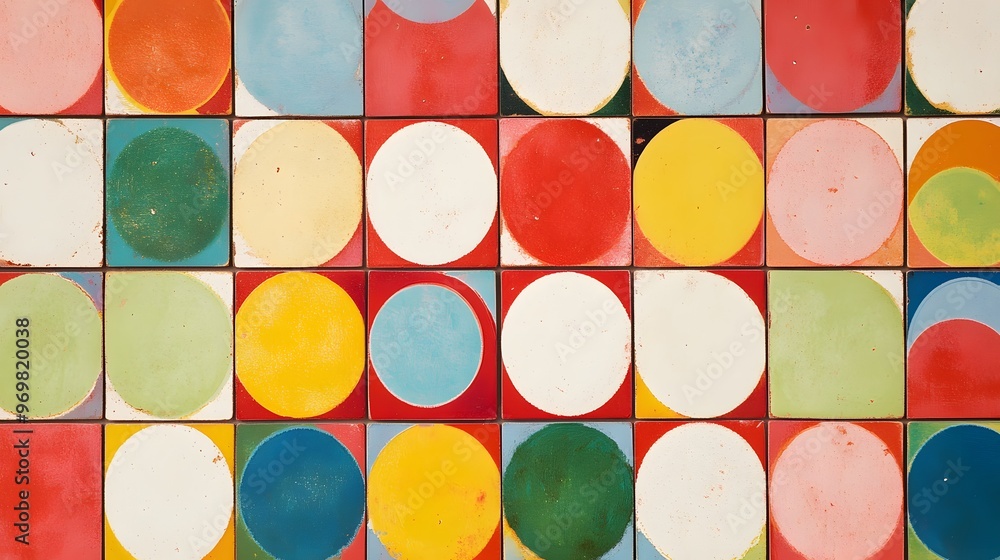 Poster 17. playful tile pattern with colorful polka dots arranged in a grid for a fun and lively appearance