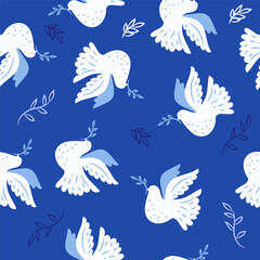 Dove of peace seamless pattern template background Concept for poster, greeting card, book cover, banner world peace day postcard with dove, branch. Vector art hand drawn art illustration.